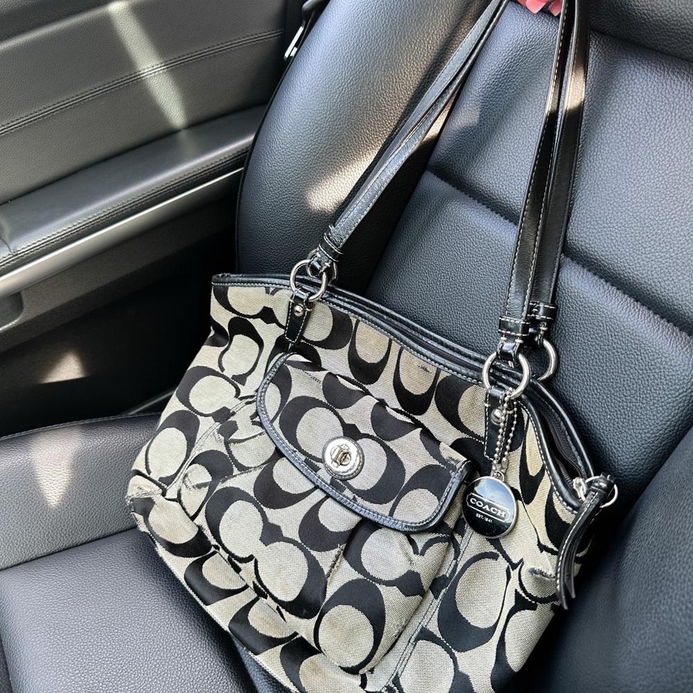 Coach Black and Gray Signature Tote with Front Pocket